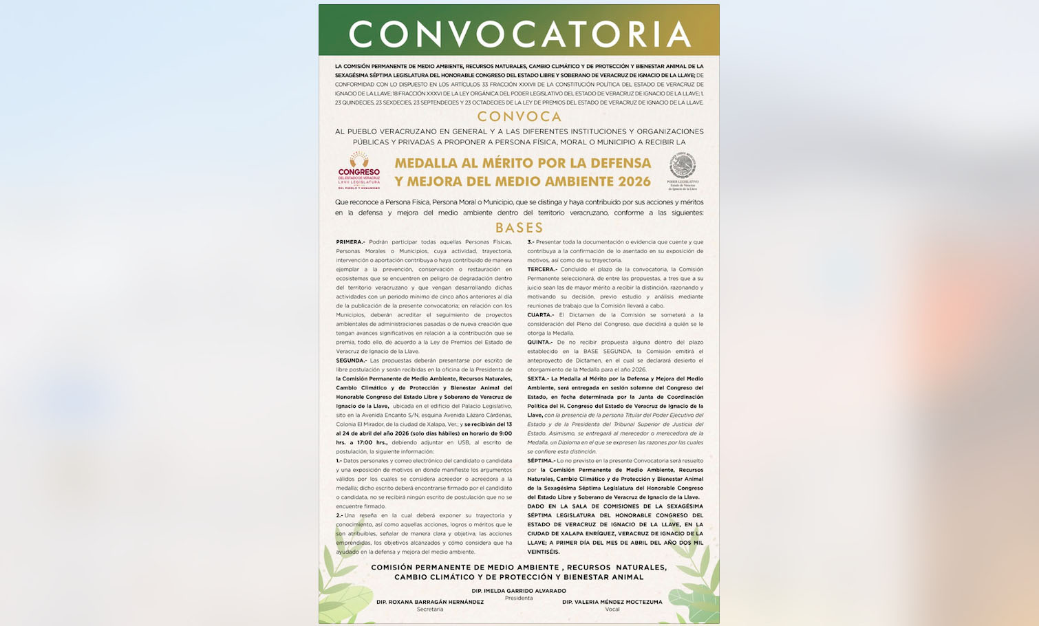 Emite Comisión convocatoria para entrega del Premio al Mérito Ambiental 2026